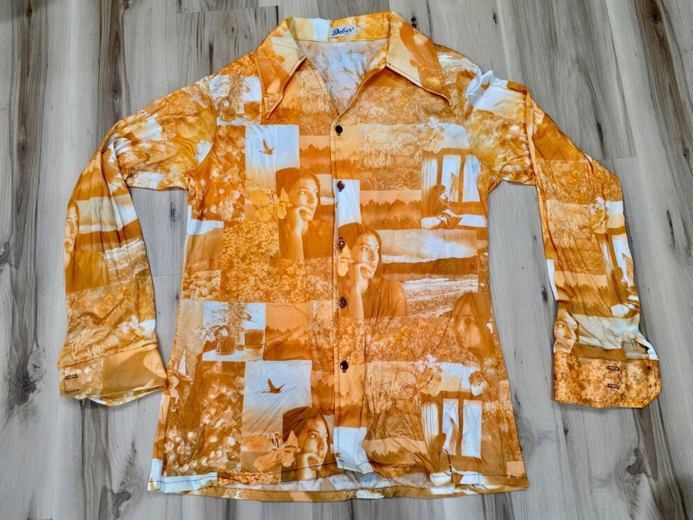 Vintage 70's button-up Daber Sz Large Shirt Orange Hippie Girls Face Trippy Art